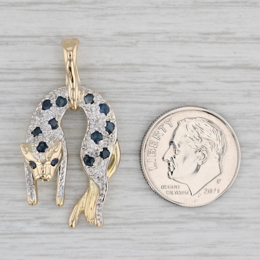 Gray Blue Sapphire Diamond Leopard Pendant 14k Gold Wildcat Drop Enhancer Clip Bail