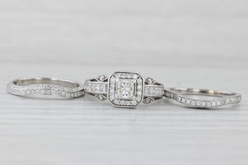 Light Gray 1.45ctw Diamond Halo Engagement Ring Wedding Band Bridal Set 14k White Gold