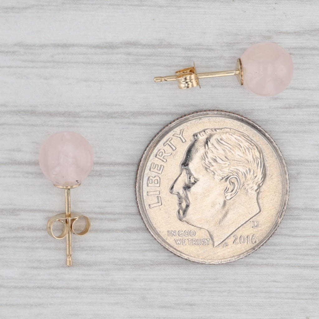 Light Gray 6.3mm Pink Rose Quartz Stud Earrings 14k Yellow Gold Round Solitaire Studs