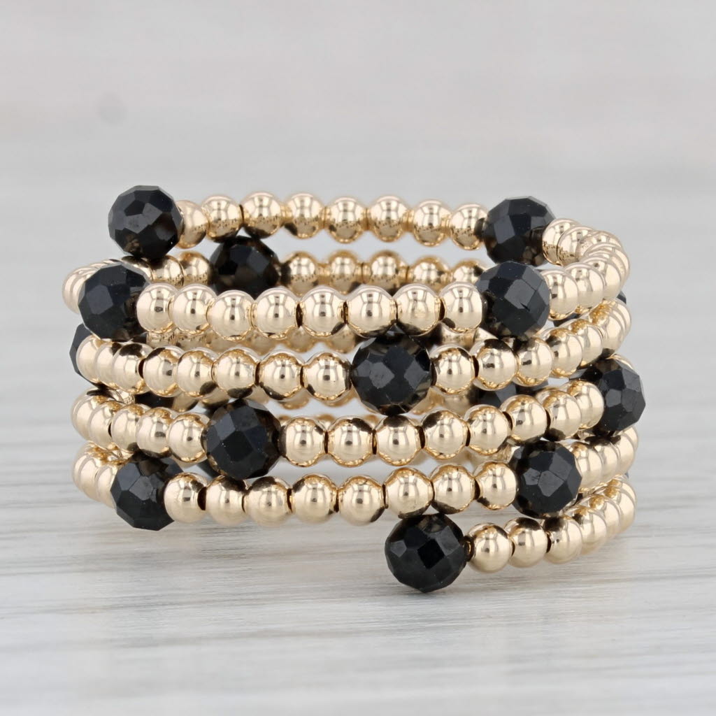Gray New Coiled Bead Black Glass Ring 14k Yellow Gold Adjustable Size 7
