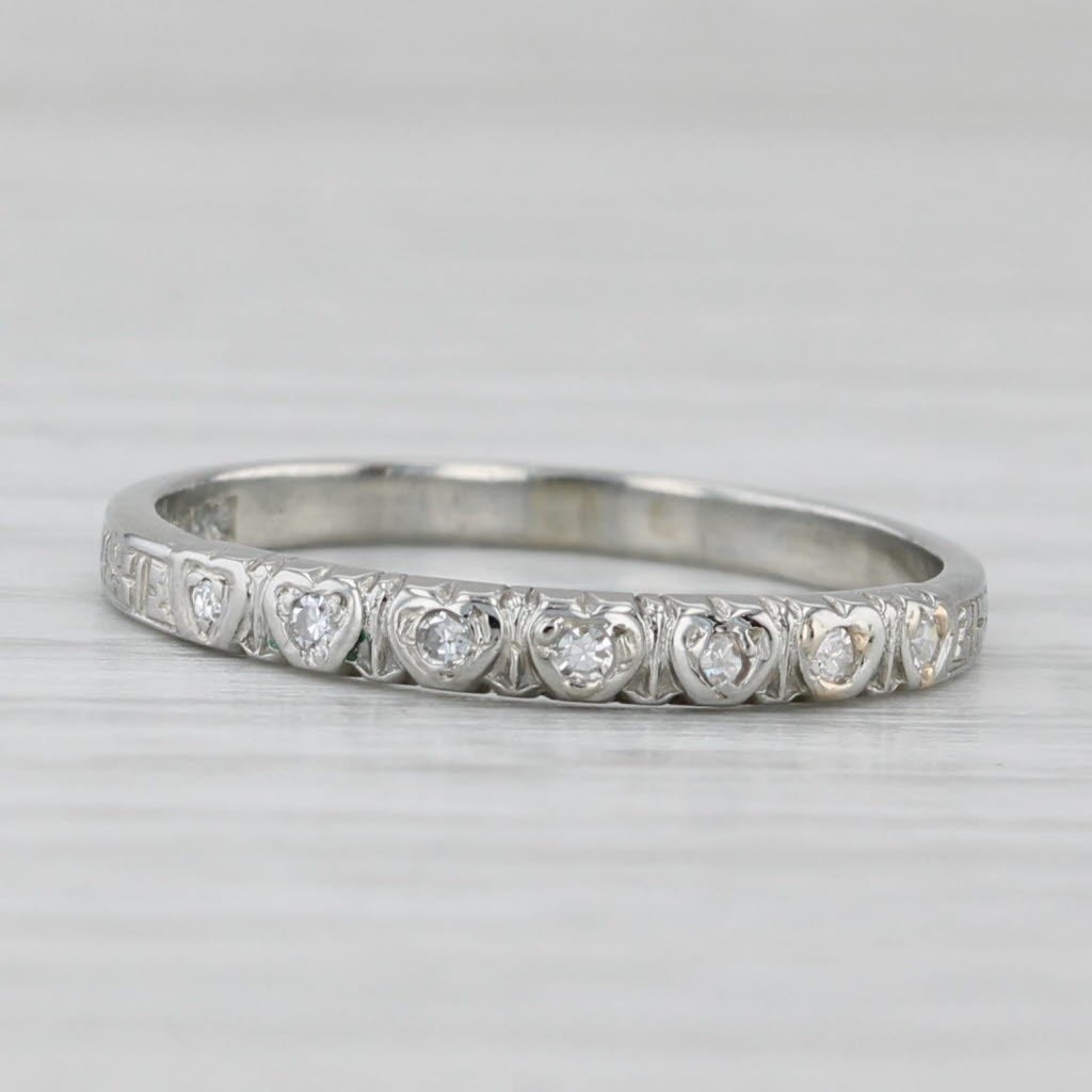 Light Gray Vintage Diamond Hearts Wedding Ring 18k White Gold Size 6.75 Stackable Band