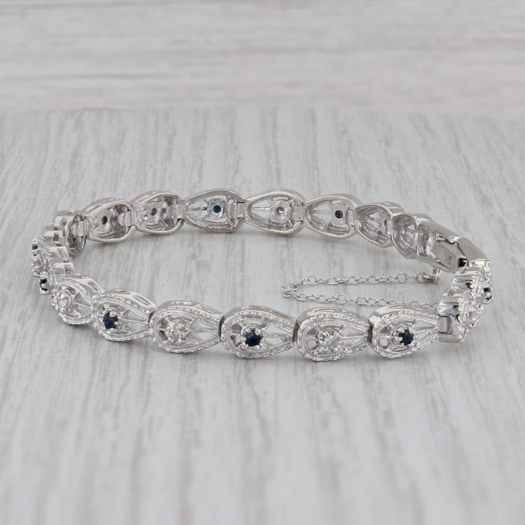 Gray 0.40ctw Blue Sapphire White Diamond Tennis Bracelet 14k White Gold 7"