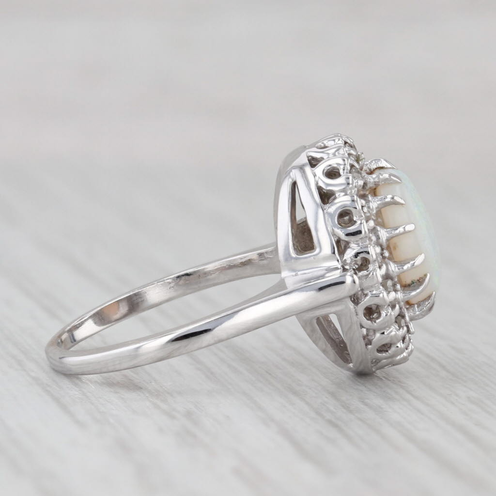 Oval Cabochon Opal Diamond Halo Ring 14k White Gold Size 6