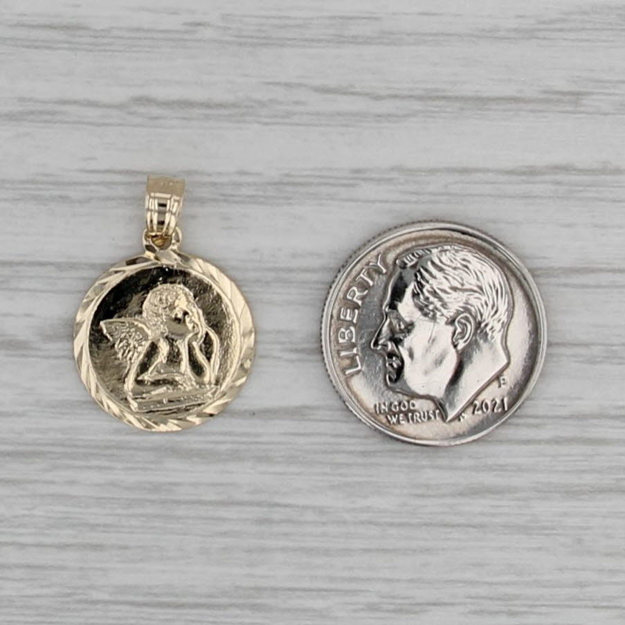Guardian Angel Pendant 14k Yellow Gold Small Drop Winged Cherub Charm