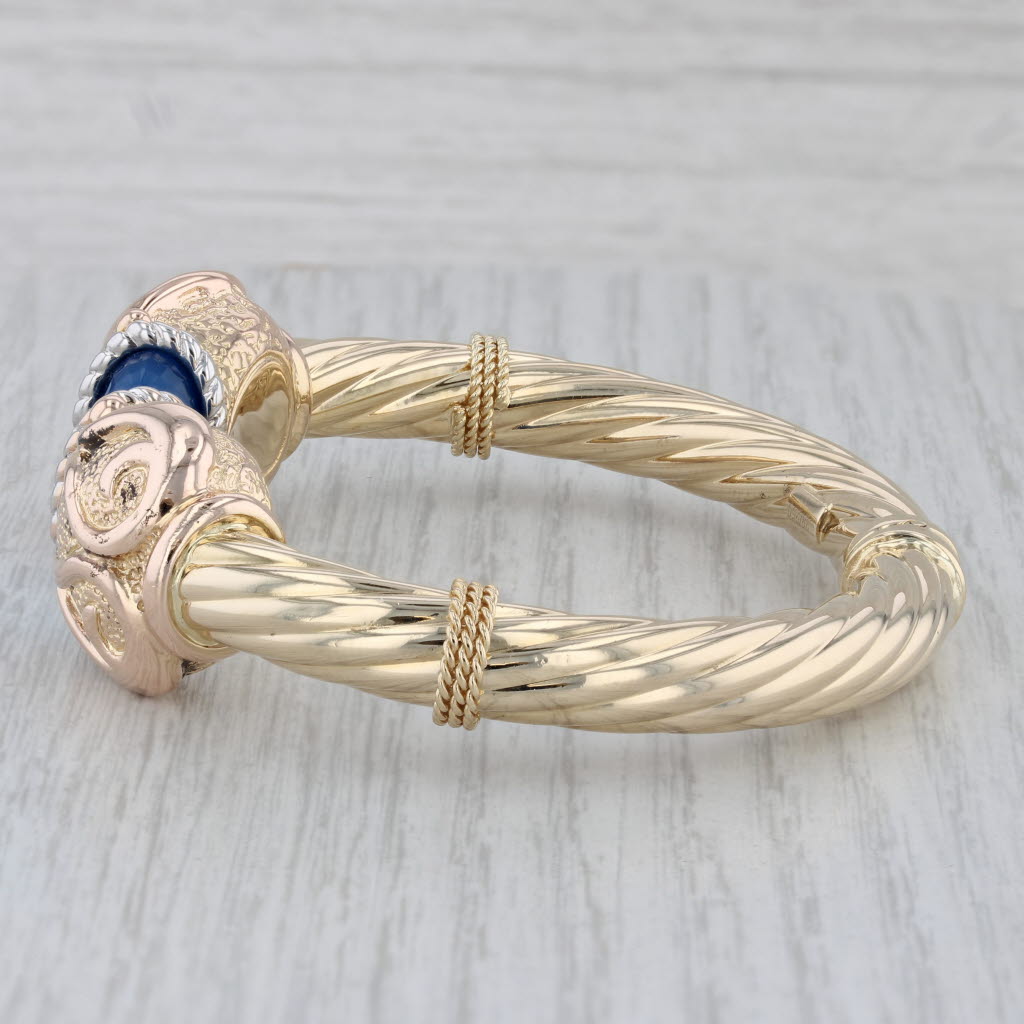 Gray Blue Chalcedony Hinged Cuff Bracelet 14k Yellow Gold Ornate Italian