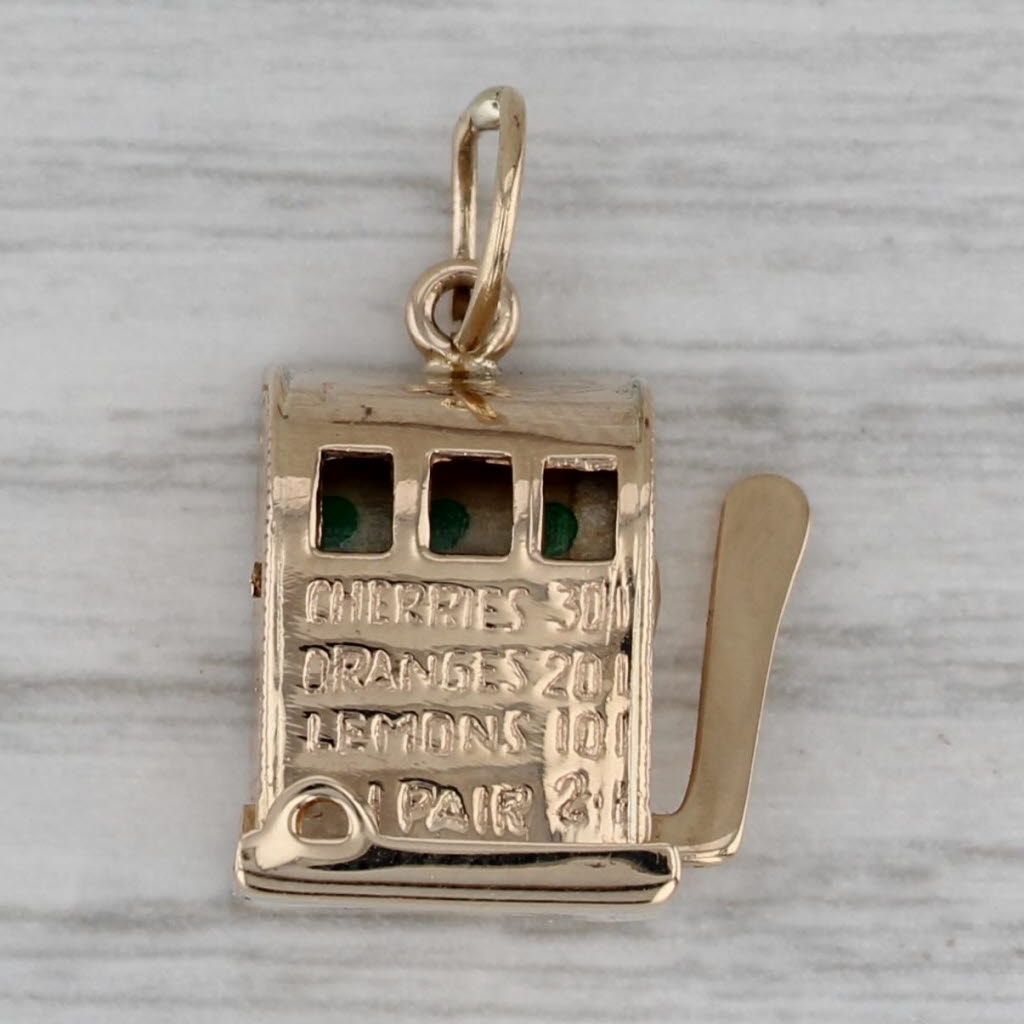 Dark Gray Vintage Slot Machine Charm 14k Yellow Gold Vegas Souvenir Spins Arm Moves