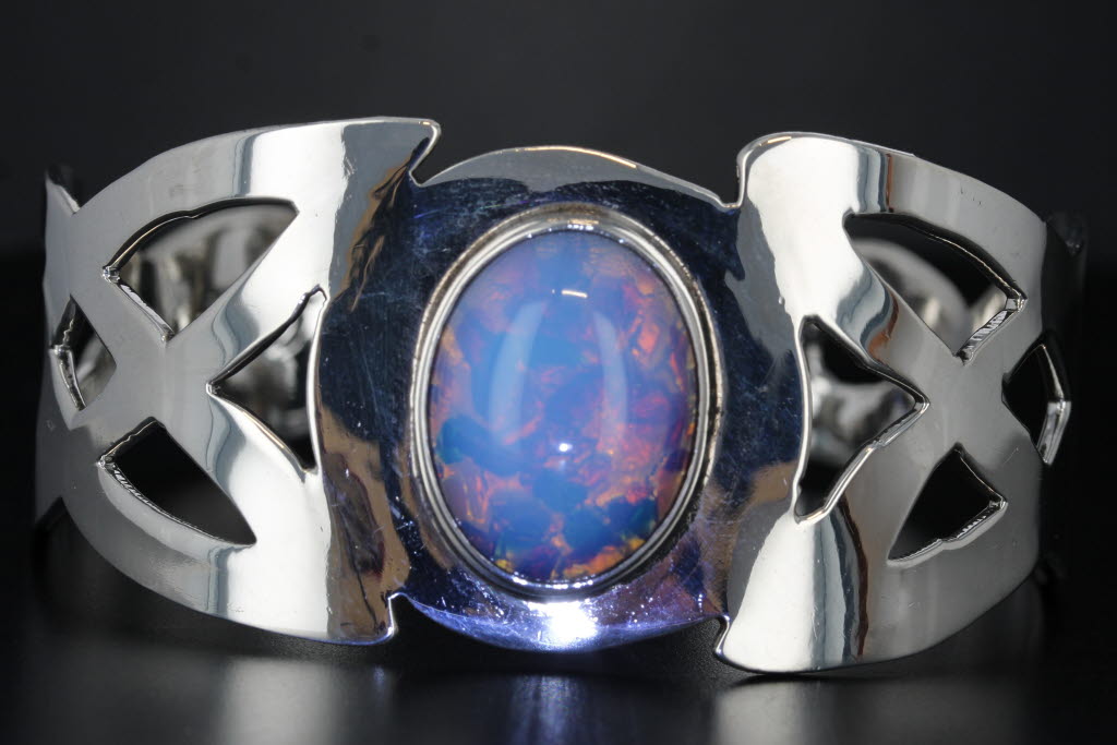 Colorful Imitation Opal Glass Celtic Knot Cuff Bracelet Sterling Silver 7.25"
