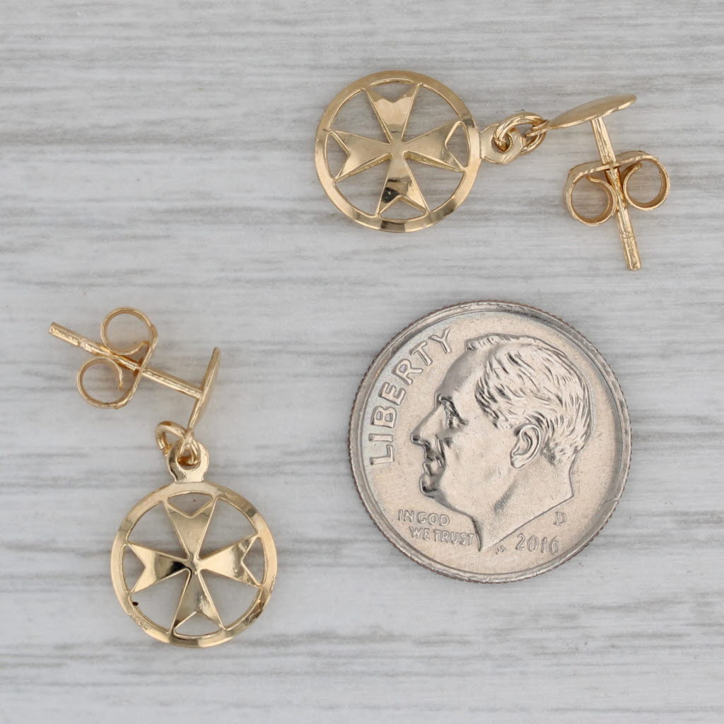 Gray Maltese Cross Dangle Earrings 18k Yellow Gold Drops