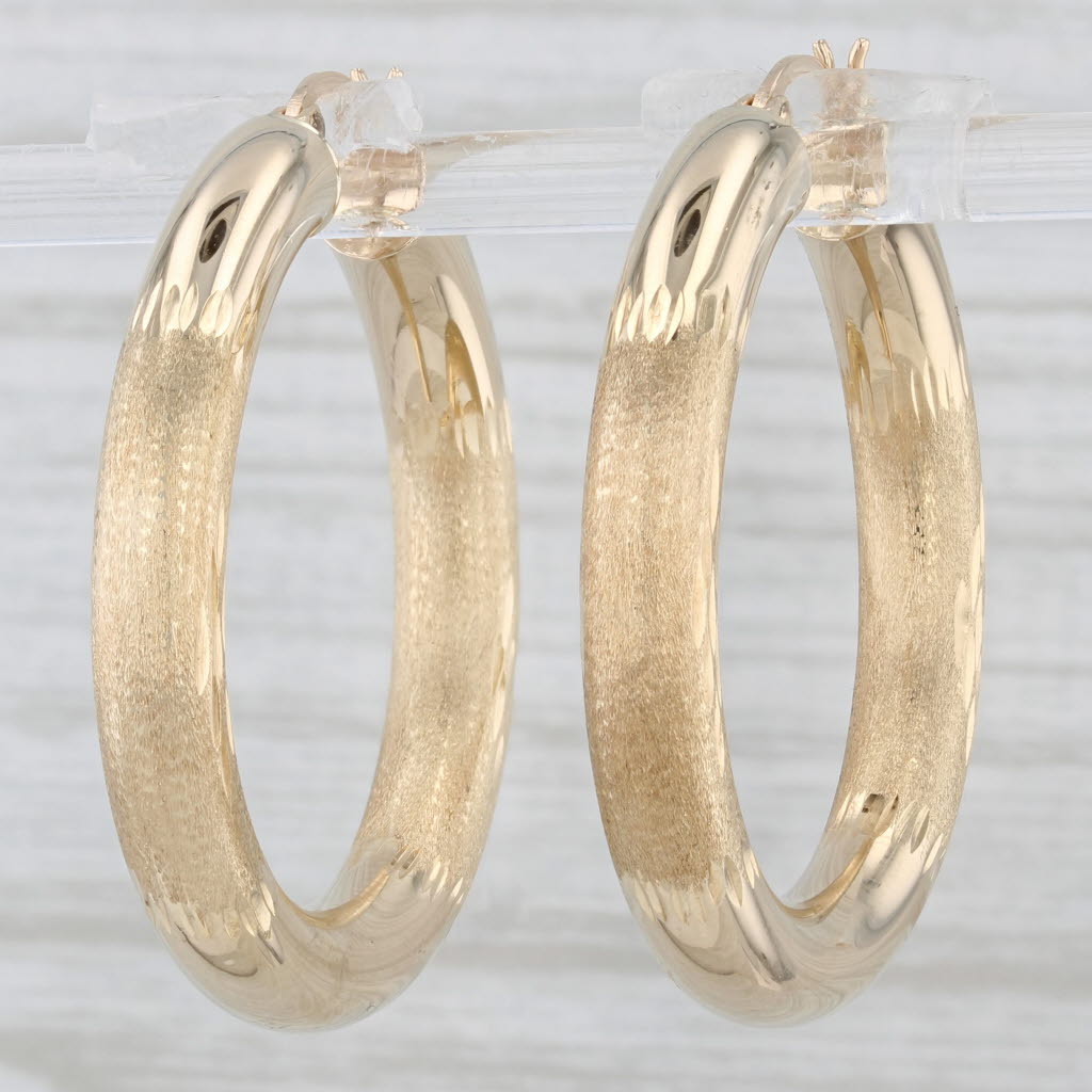 Light Gray Round Hoop Earrings 14k Yellow Gold Brushed Polished Pierced Round Hoops
