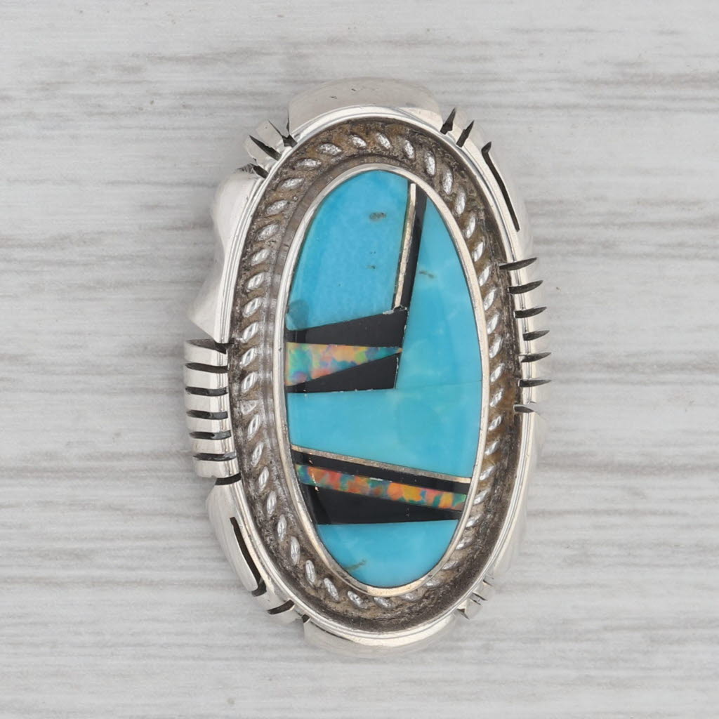 Gray Native American Turquoise Lab Created Opal Onyx Pendant Sterling Silver Vintage