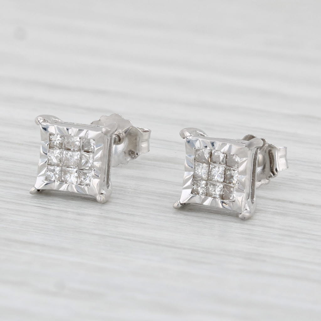 Light Gray 0.36ctw Diamond Princess Stud Earrings 10k White Gold