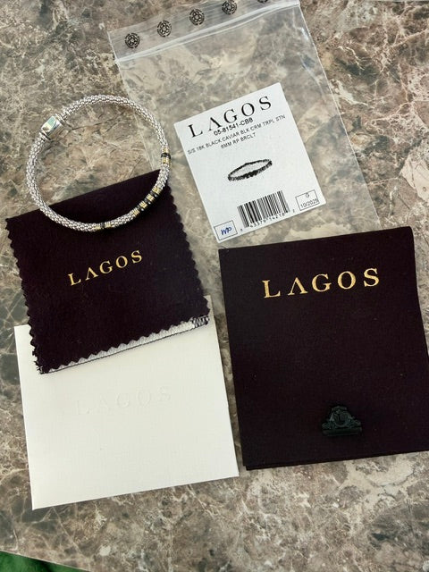 New Lagos Black Caviar Bracelet Sterling Silver 18k Gold Ceramic w/ Pouch 7.75"