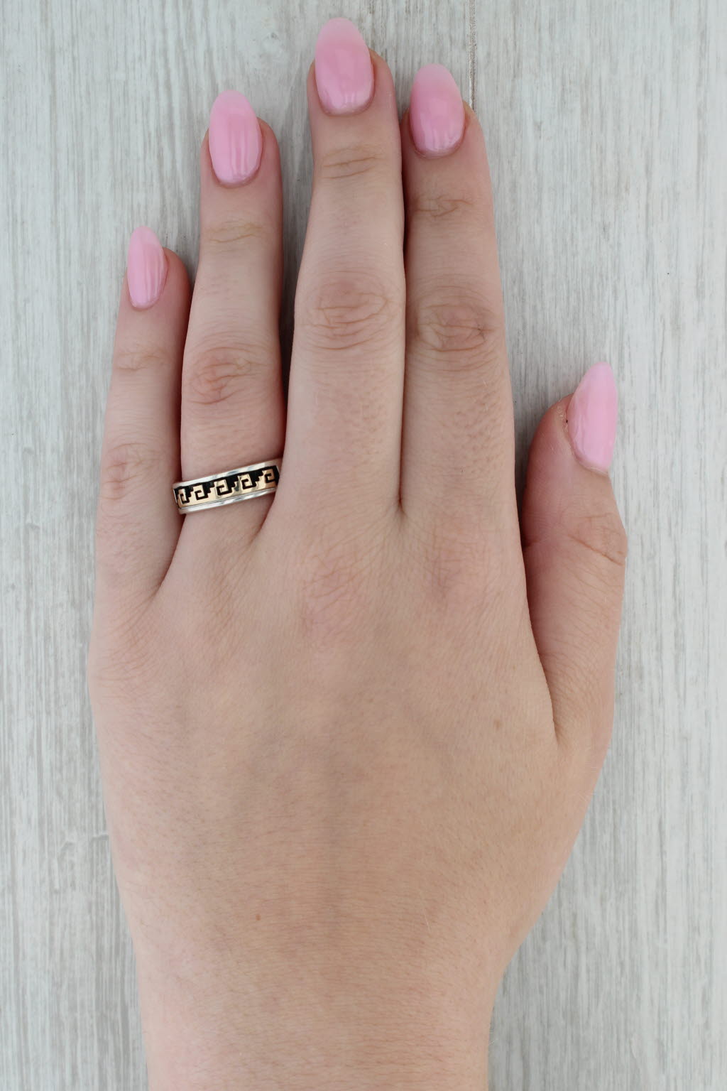 Dark Gray Native American Scott Skeet Patterned Ring Sterling Silver 14k Gold Band