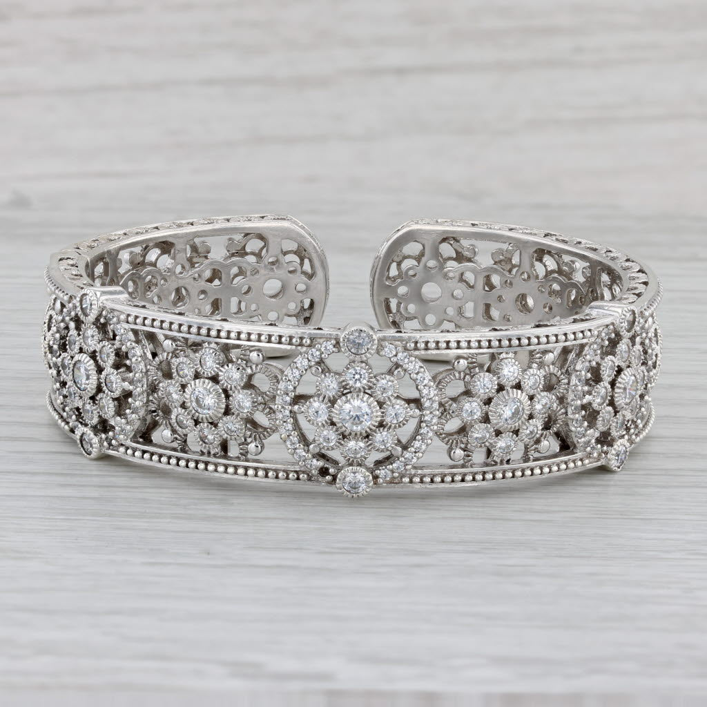 Gray Ornate Judith Ripka Flower Cuff Bracelet Sterling Silver Cubic Zirconia 6.5"
