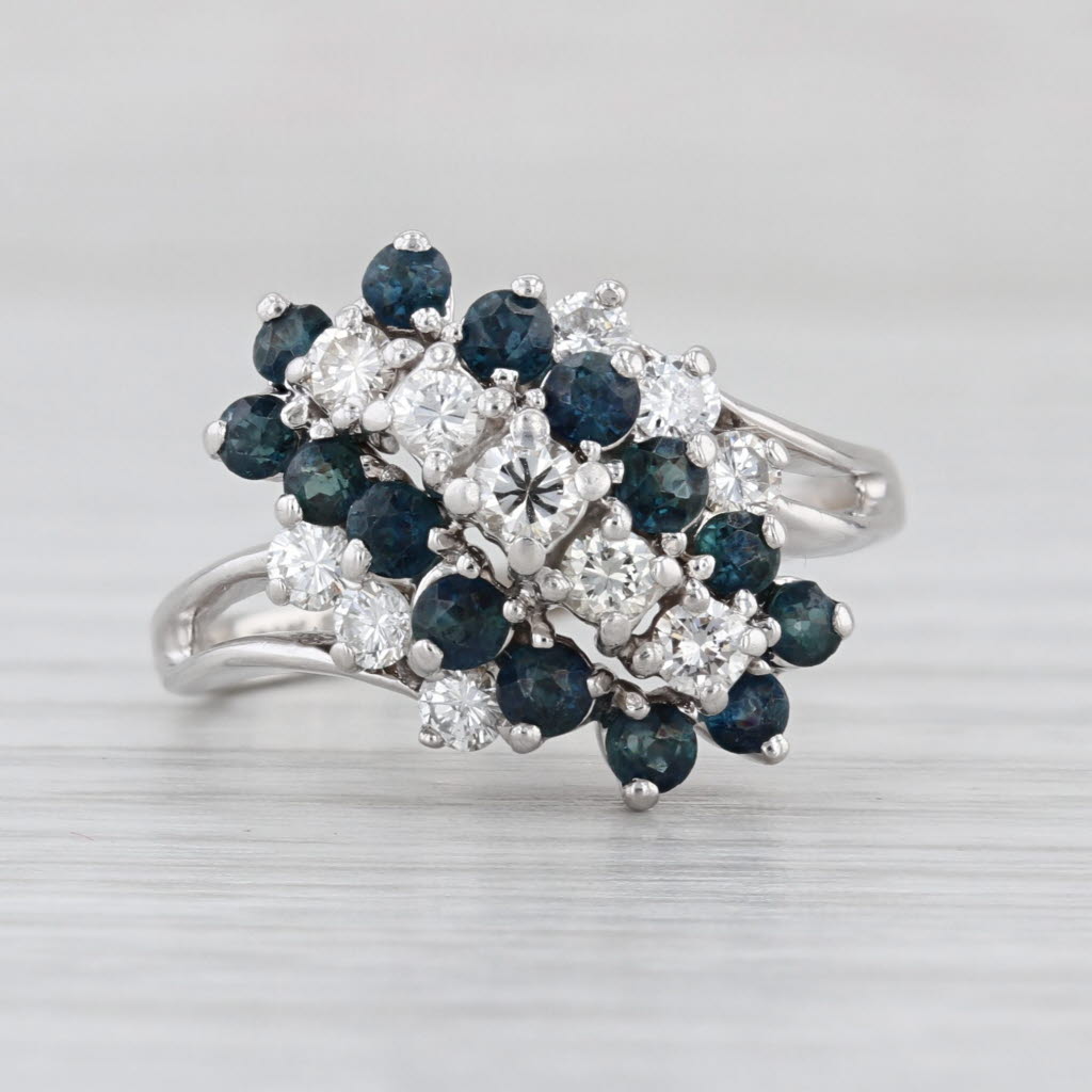 1ctw Blue Sapphire Diamond Cluster Bypass Ring 14k White Gold Size 5.25