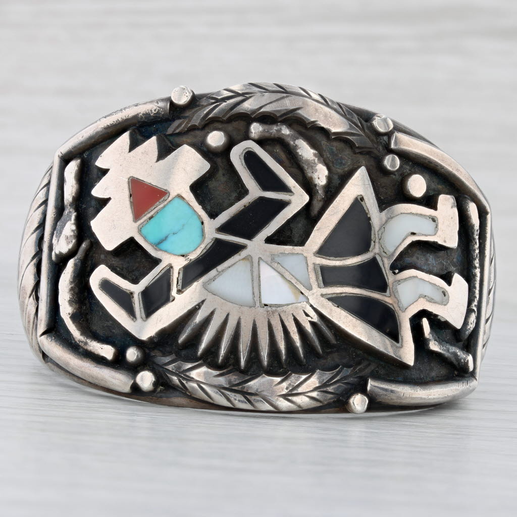 Light Gray Vintage Native American Kee Navajo Tribal Figure Cuff Bracelet Silver Mosaic