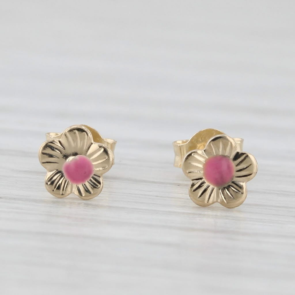 Light Gray Small Pink Enamel Flower Stud Earrings 14k Yellow Gold