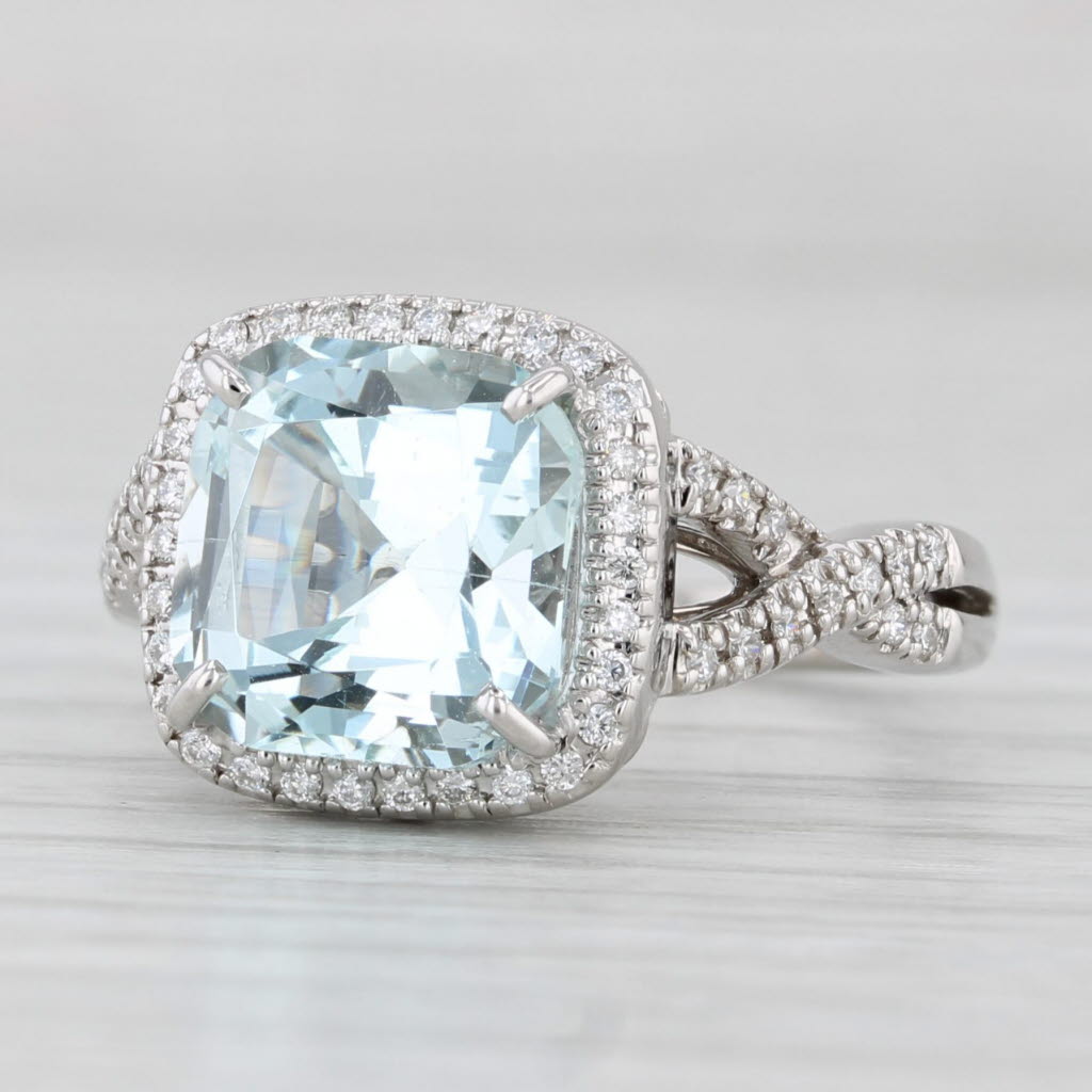 Light Gray 3.55ctw Aquamarine Diamond Halo Ring 14k White Gold Floral Bridge Size 6.25