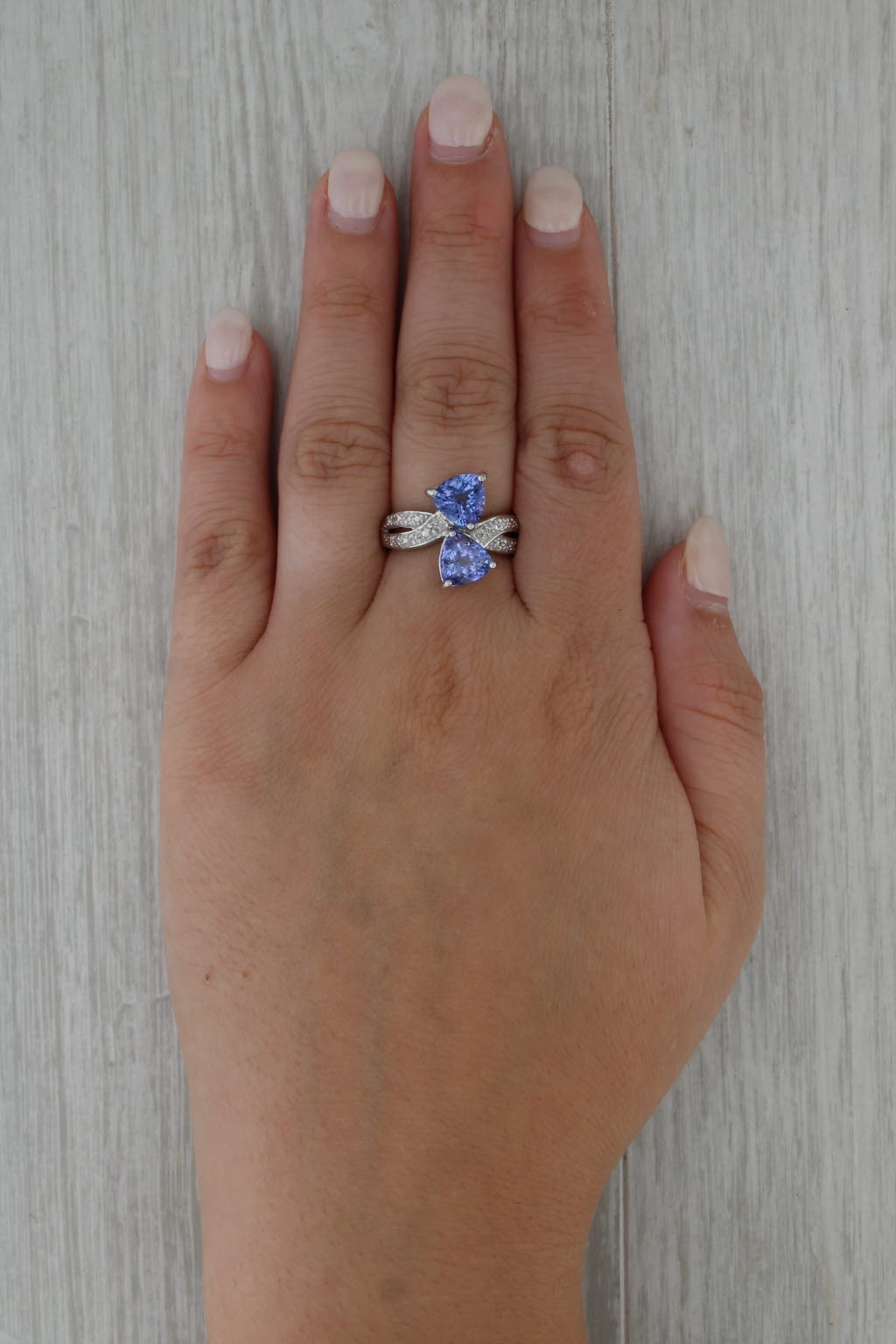 4.02ctw Trillion Tanzanite Diamond Bypass Ring 18k White Gold Size 7.75 Cocktail