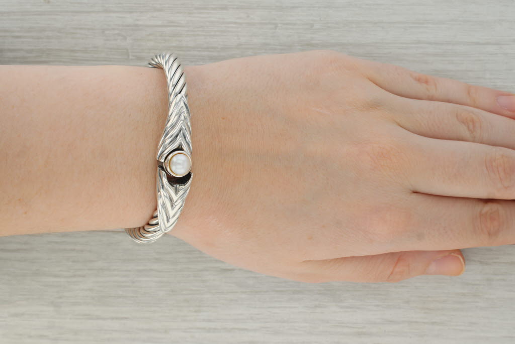 Dark Gray Cultured Pearl Bangle Bracelet Sterling Silver Hinged 6.75" Statement