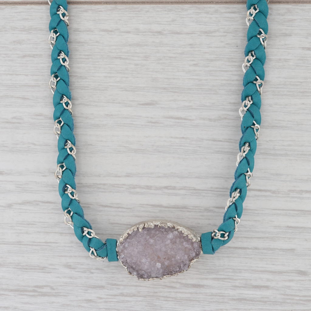 New Nina Wynn Necklace Teal Leather White Druzy Quartz Pendant Cordelia