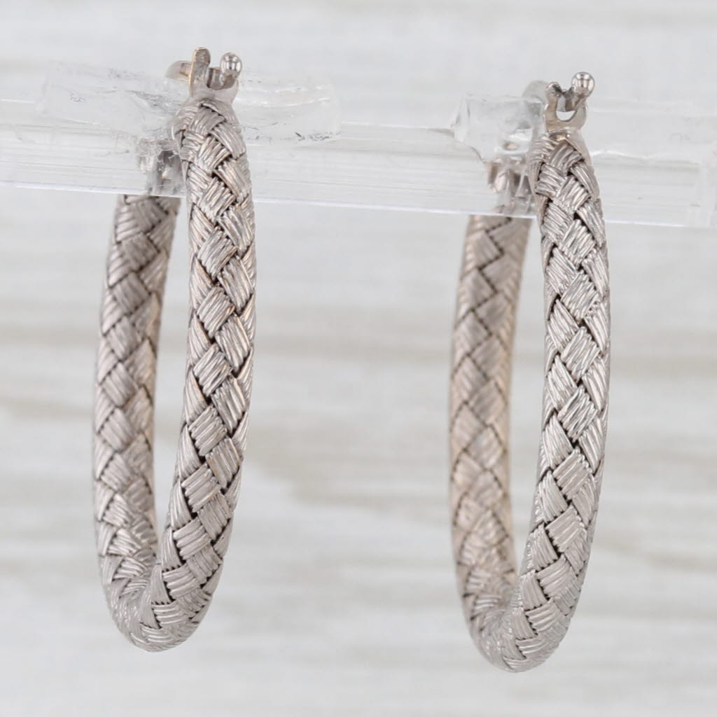 Light Gray Roberto Coin Basket Weave Hoop Earrings 18k White Gold Snap Top Round Hoops