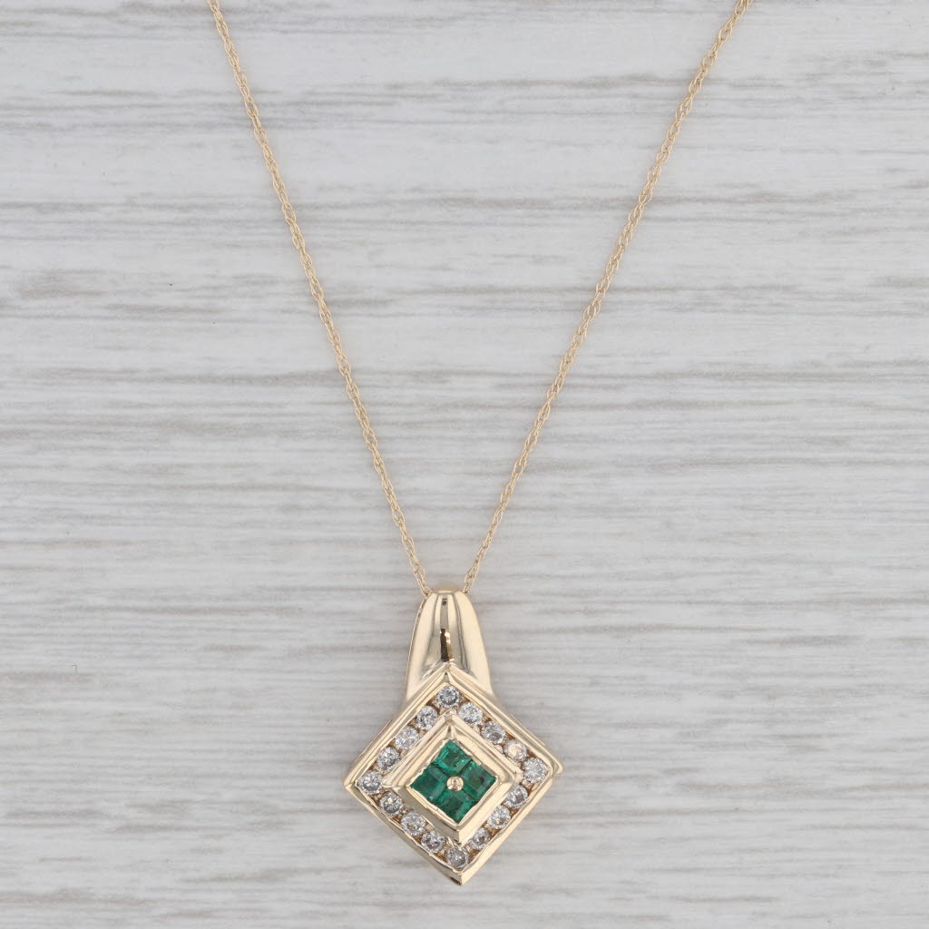 Gray 0.45ctw Emerald Diamond Halo Pendant Necklace 14k Yellow Gold 18.5" Rope Chain