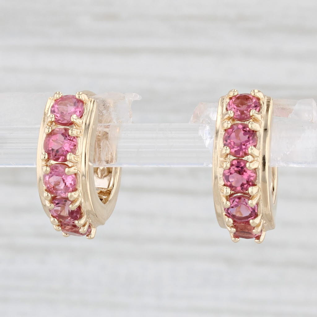 Light Gray 1.15ctw Pink Tourmaline Hoop Huggie Earrings 14k Yellow Gold Round Hoops