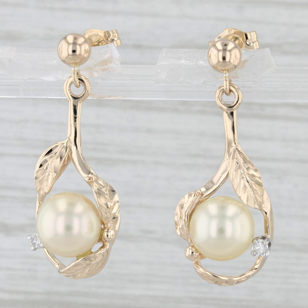 Light Gray Cultured Pearl Diamond Dangle Earrings 14k Yellow Gold