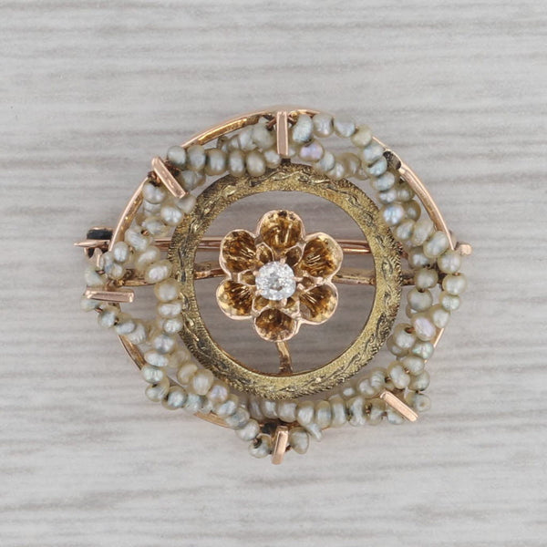 Antique Seed Pearl Diamond Flower Pin 10k Yellow Gold Small Circle Brooch