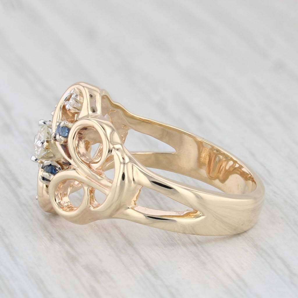 Light Gray 0.26ctw Diamond Blue Sapphire Ring 14k Yellow Gold Openwork Size 6.5