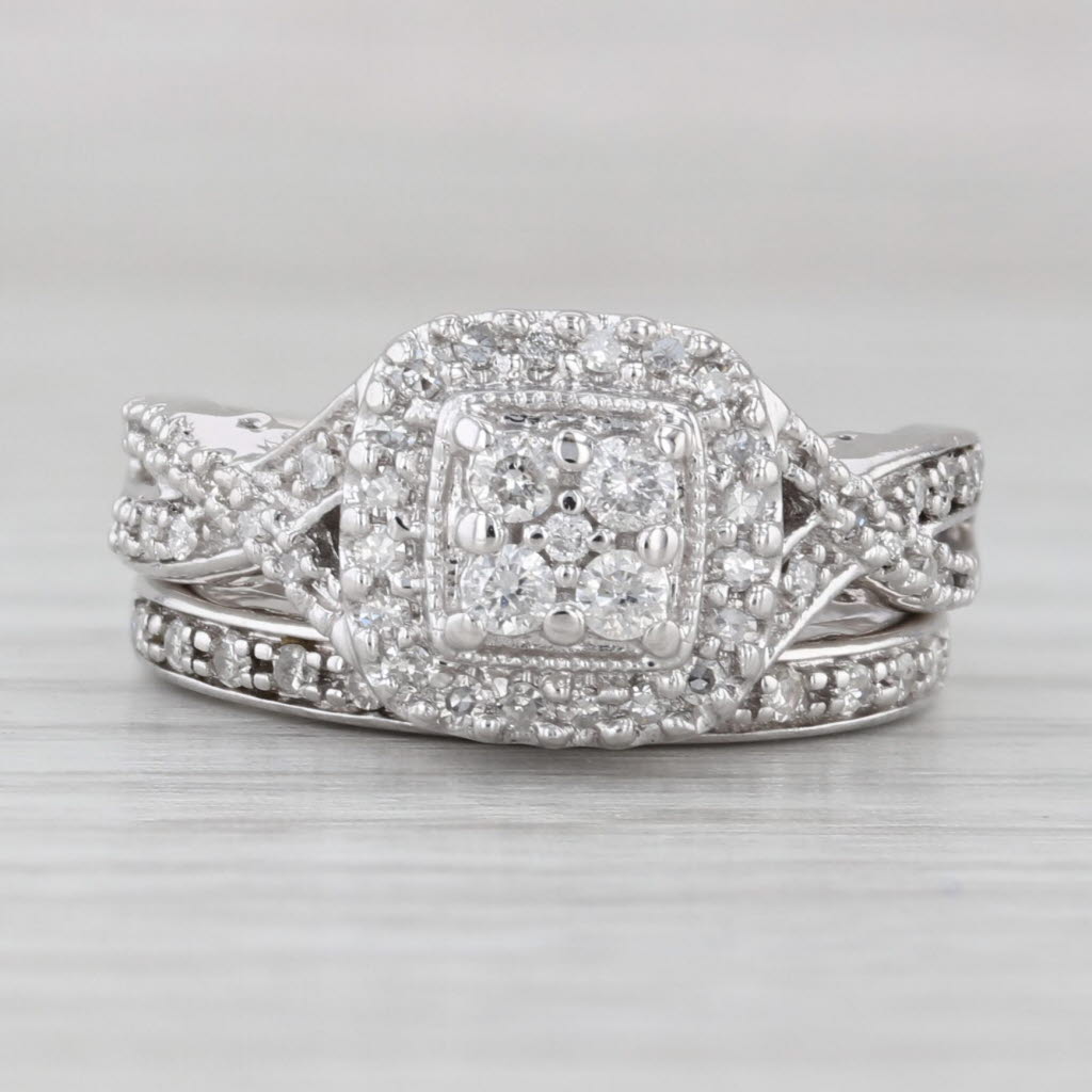 Light Gray 0.31ctw Diamond Halo Engagement Ring Wedding Band Bridal Set 14k Gold Size 4.75