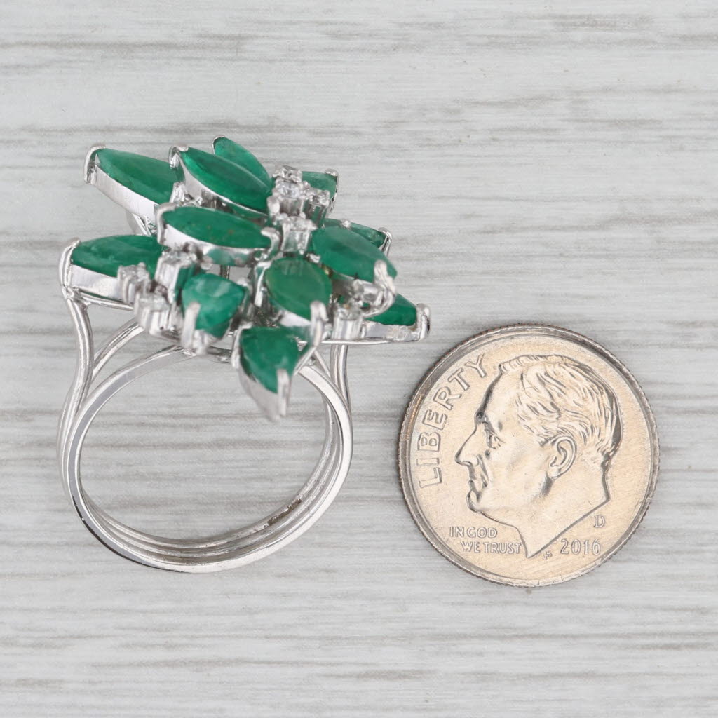 Gray 6.28ctw Emerald Damond Flower Cocktail Ring 14k White Gold Size 6.5-6.75