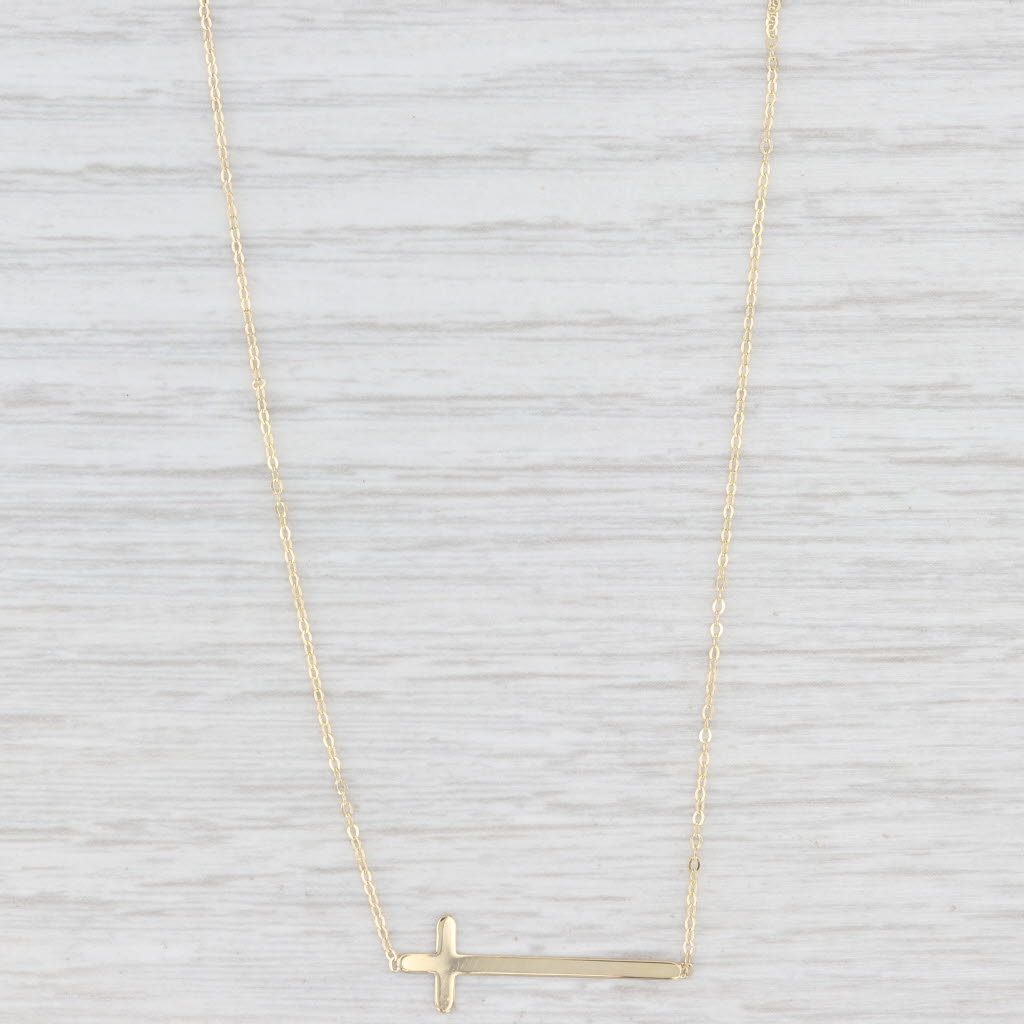 Light Gray New Stationary Cross Pendant Cable Chain Necklace 14k Yellow Gold 18"