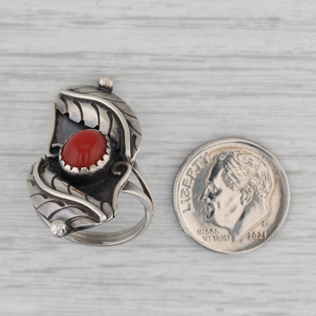 Gray Vintage Native American Red Coral Ring Sterling Silver Size 5.25 Statement