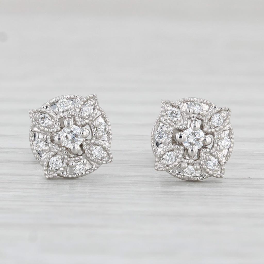 New Diamond Flower Stud Earrings 14k White Gold Small Pierced
