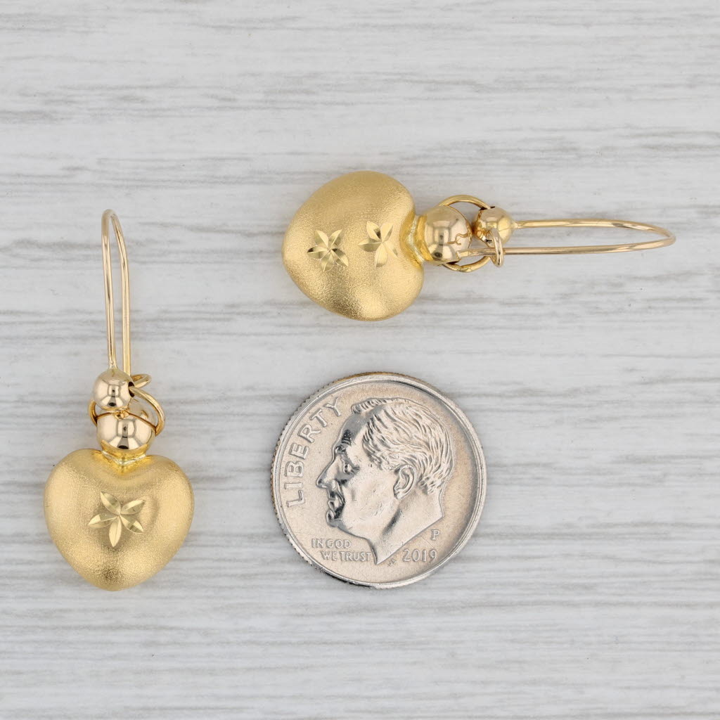 Gray Brushed Floral Heart Dangle Earrings 14k Yellow Gold Pierced Drops