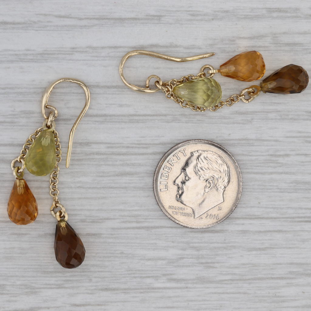 Gray Briolette Citrine & Lemon Quartz Dangle Earrings 14k Yellow Gold Hook Posts