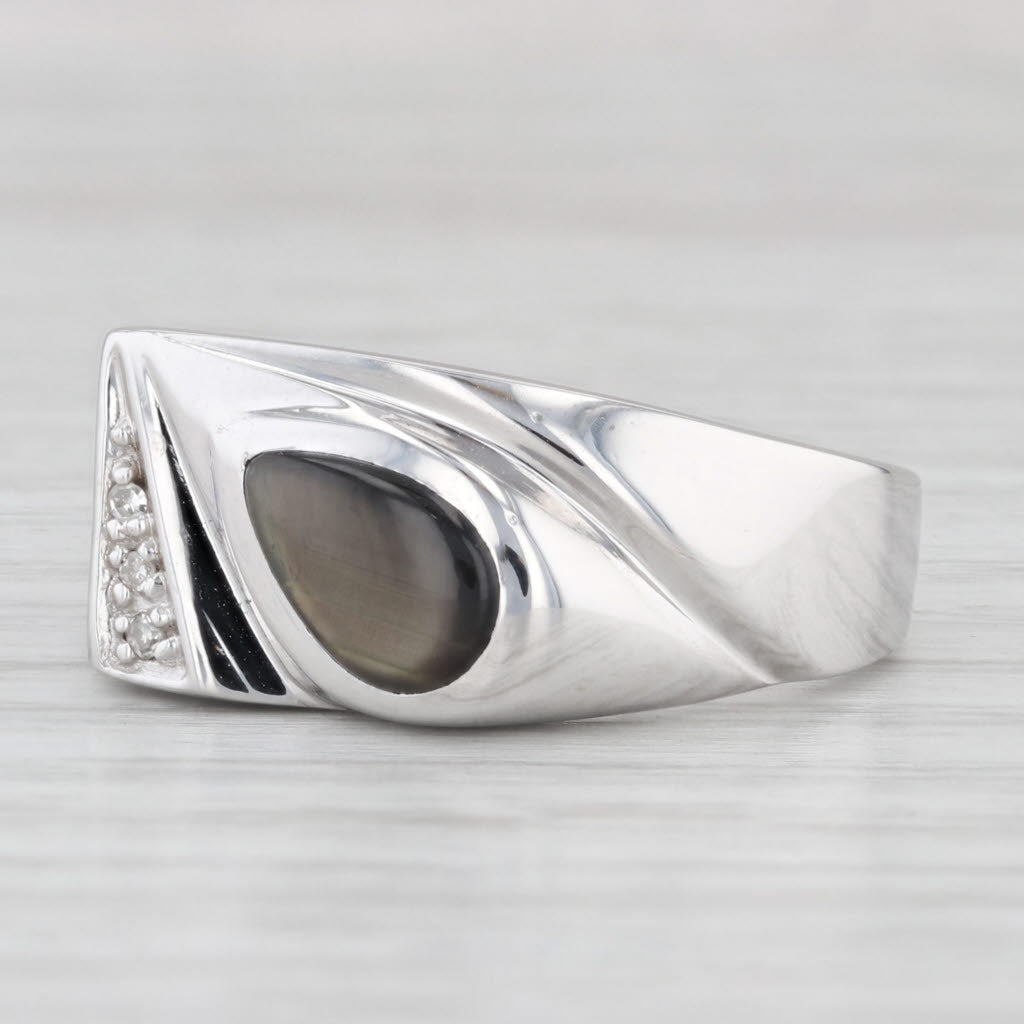 Light Gray Pear Cabochon Black Star Sapphire Diamond Ring 10k White Gold Size 9.75-10