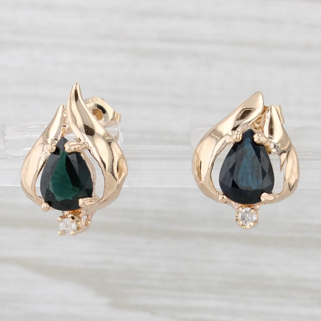 Light Gray 1.55ctw Blue Sapphire Diamond Teardrop Stud Earrings 10k Yellow Gold