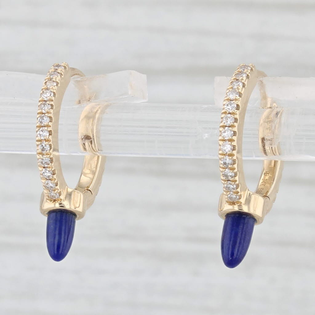 Light Gray New Lapis Lazuli Diamond Hoop Earrings 14k Yellow Gold Huggie Hoops
