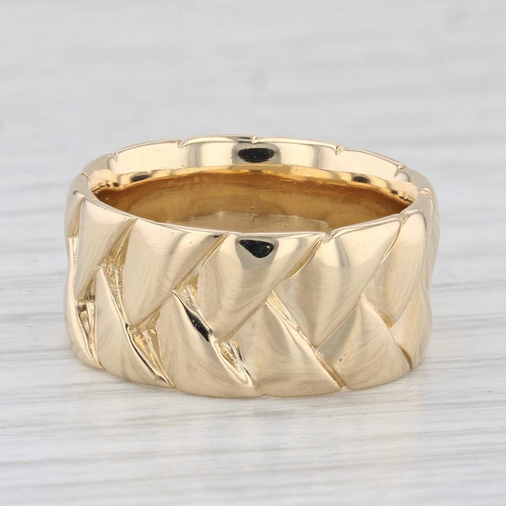 Light Gray Basket Weave Solid Gold Wide Band Ring 18k Yellow Gold Size 5 1/4