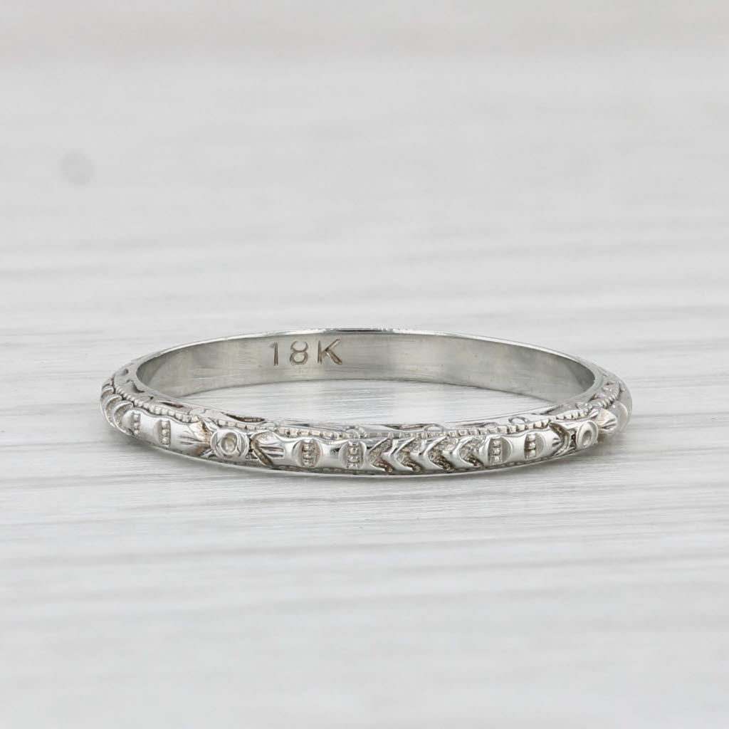 Light Gray Art Deco Floral Wedding Band 18k White Gold Size 5.5 Stackable Ring Vintage