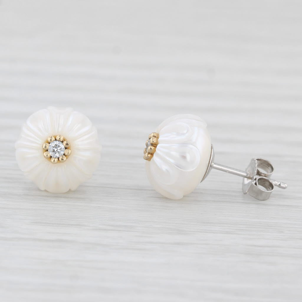 Light Gray New Cultured Pearl Carved Daisy Flower Diamond Stud Earrings 14k Gold Galatea