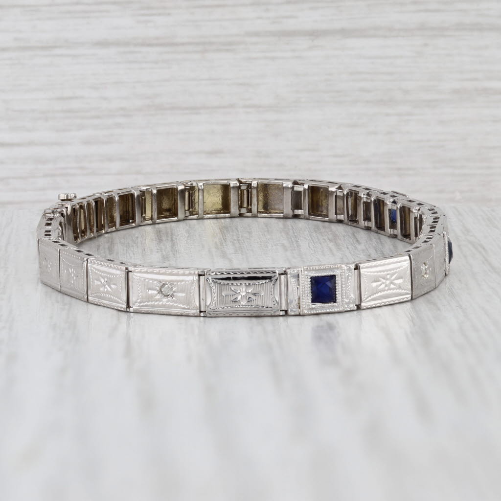 Art Deco Lab Created Sapphire Diamond Link Bracelet 6.75" 4.5mm
