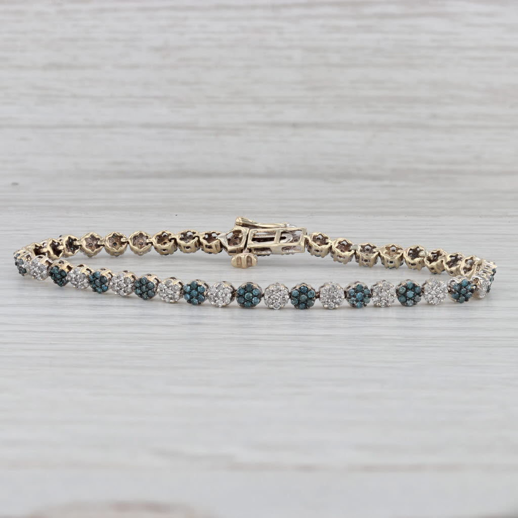 Gray 0.82ctw Blue White Diamond Flower Cluster Tennis Bracelet 10k Yellow Gold
