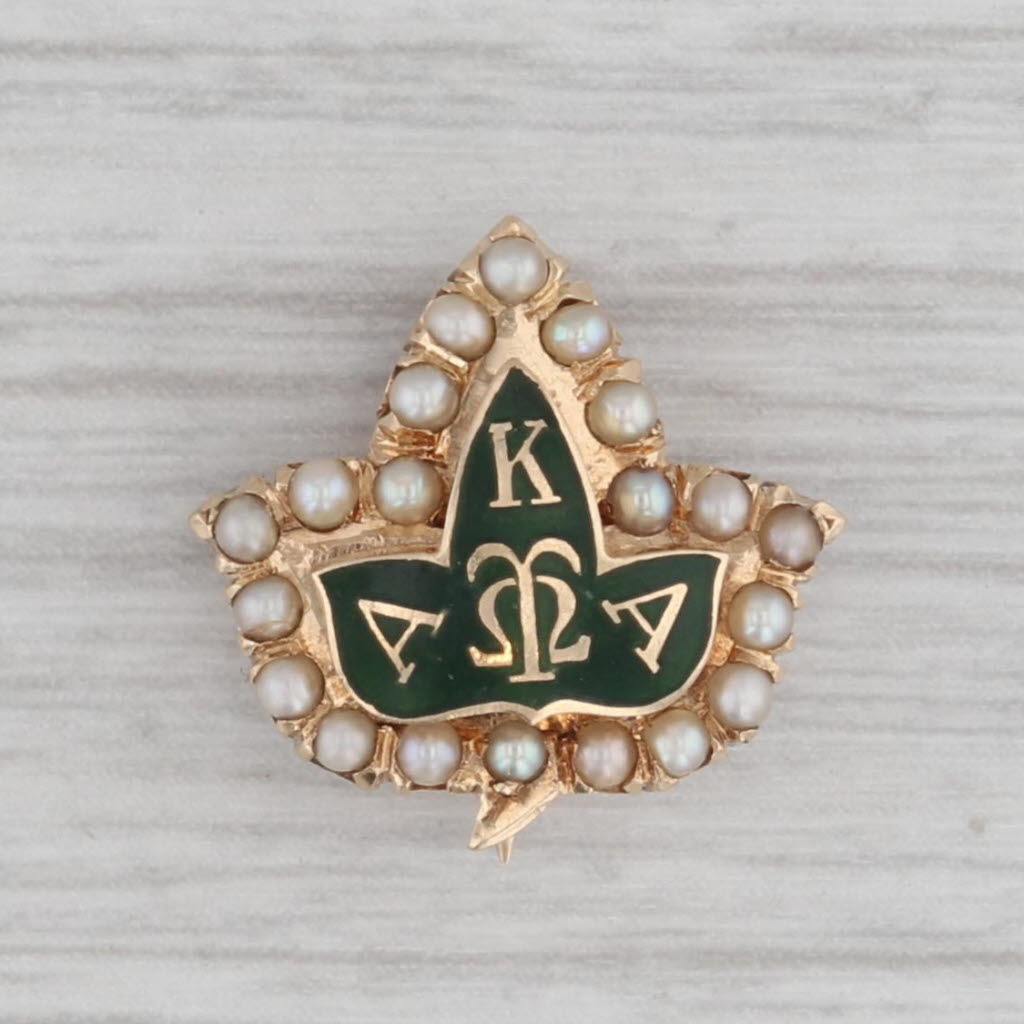 Gray Alpha Kappa Alpha Badge Pearl Sorority Leaf Pin 14k Gold Vintage Greek Society