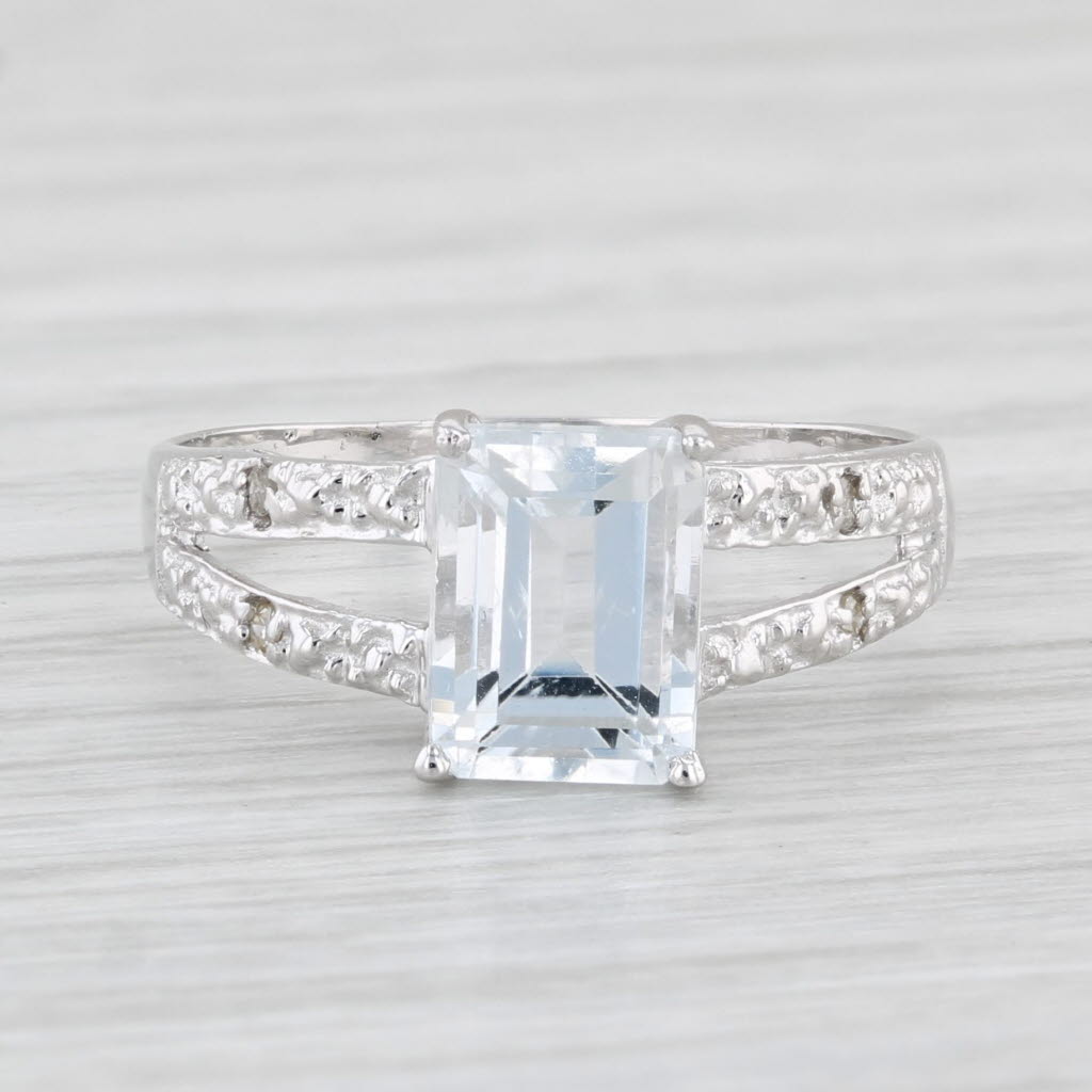 Light Gray 1.40ct Emerald Cut Goshenite Diamond Ring 10k White Gold Size 6.75