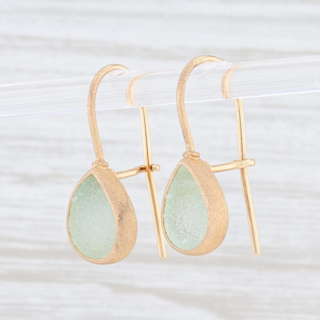 New Nina Wynn Aquamarine Druzy Drop Earrings 18k Yellow Gold Hook Posts