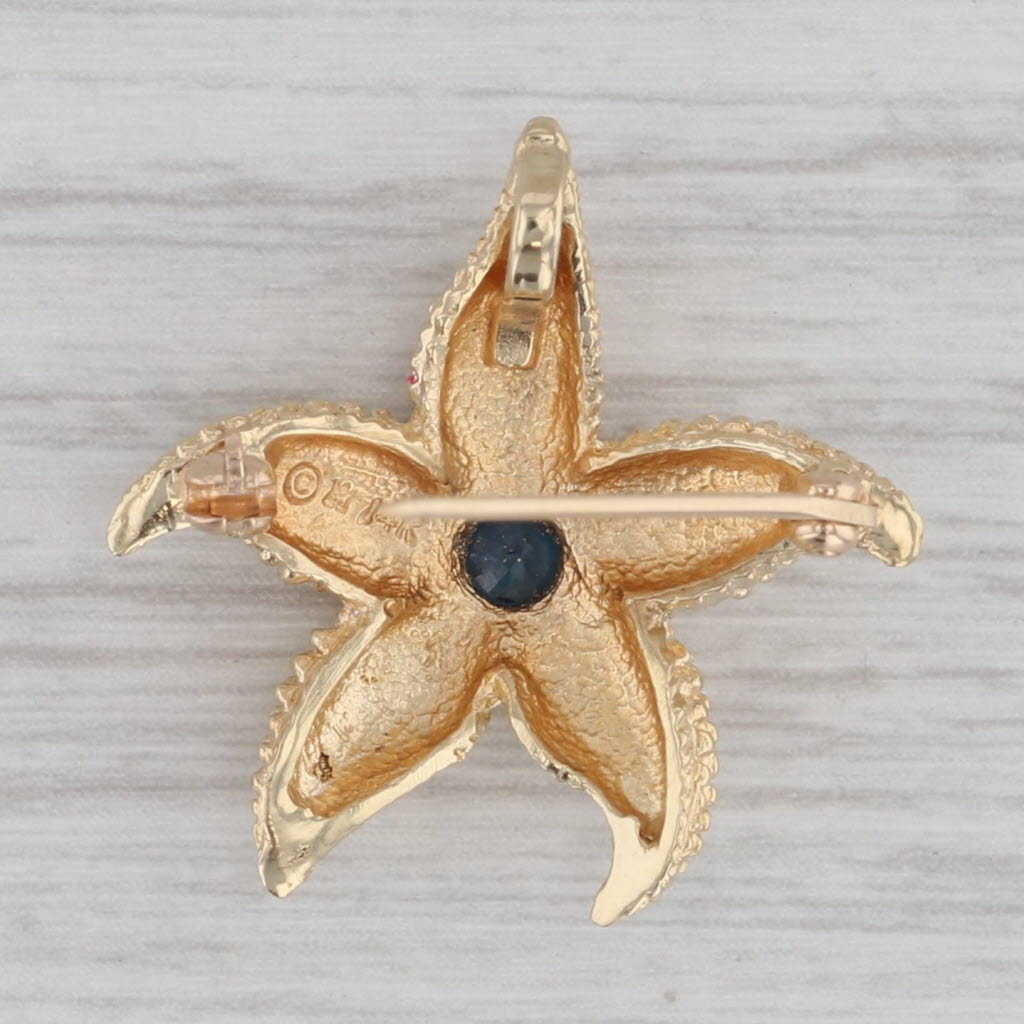 Gray 0.20ct Blue Sapphire Starfish Pendant Brooch 14k Yellow Gold Pin